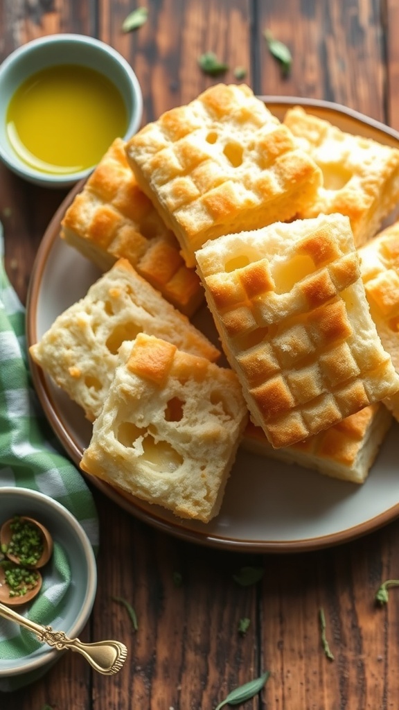 Dairy-Free Cloud Bread Recipe Fluffy cloud bread pieces on a plate, with a rustic background and olive oil.